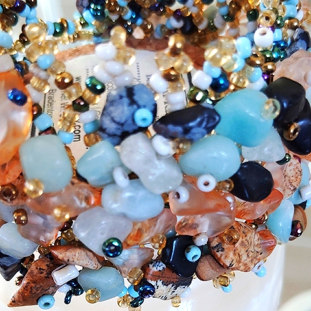 Multicolor Gemstone Chip Cuff Bracelet With Bead Toggle Clasp